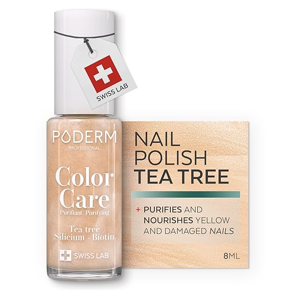 PODERM Nail Care Polish with Tea Tree - Bright Gold | Swiss Lab - 8ML | Enriched with Tea Tree, Silicon & Biotin | Purifies, Clarifies & Nourishes Yellow Nails | Created by a Podiatrist