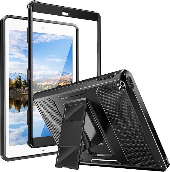 MoKo Shockproof Case Fit 2018/2017 iPad 9.7 6th/5th Generation, Black | Heavy Duty Shockproof Full Body Rugged Hybrid Cover with Built-in Screen Protector for Apple iPad 9.7 Inch 2018/2017