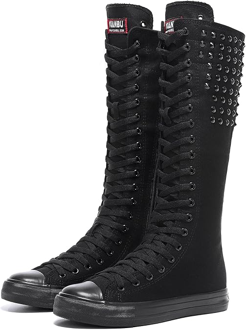 Momuk Long Rivet Knee High Canvas Boots Punk Style for Women & Girls