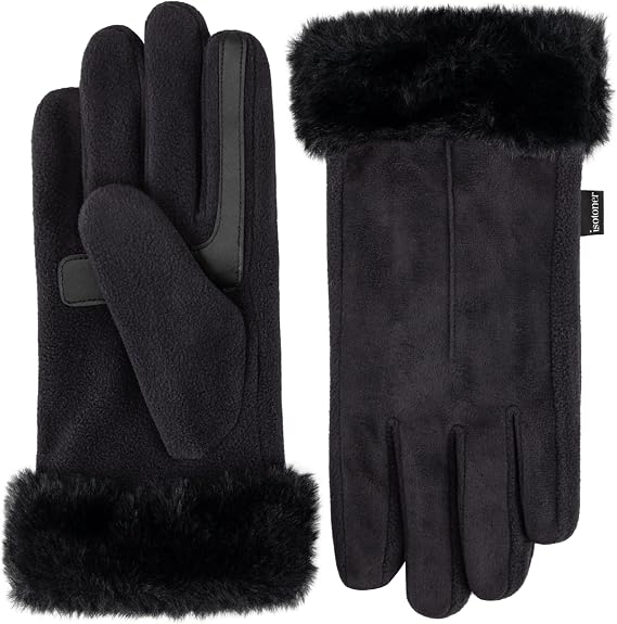 isotoner Women's Water Repellent Touchscreen Stretch Mya Faux Fur Cuff Gloves