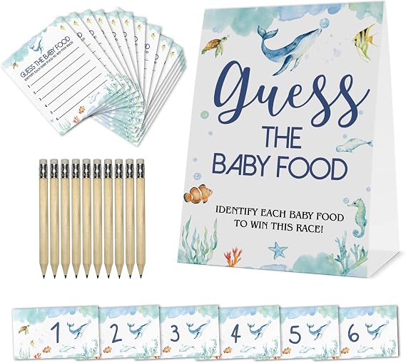 Guess The Baby Food Party Games, Baby Shower Game Set (1 Standing Sign + 25 Answer Cards + 6 Number Cards+10pens), Ocean Theme Baby Shower Decorate Neutral Greenery Boys and Girls Shower Games