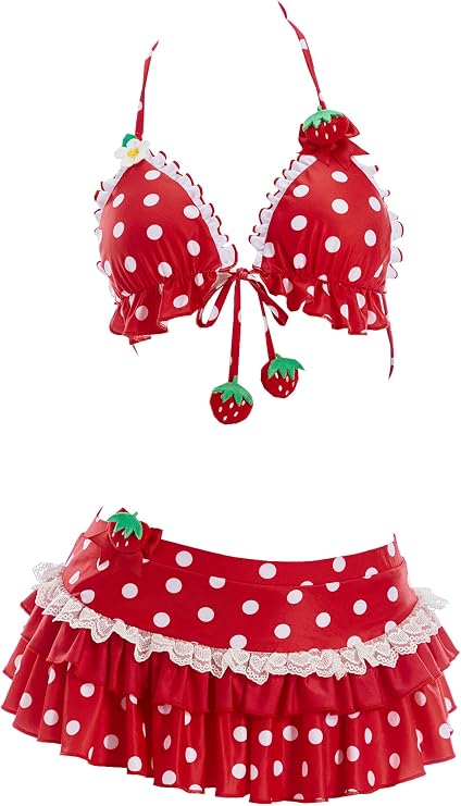 haikyuu Women Strawberry Bikini Set Vintage Polka Dots Swimsuit Kawaii Cute Bathing Suit Y2k Swimwear