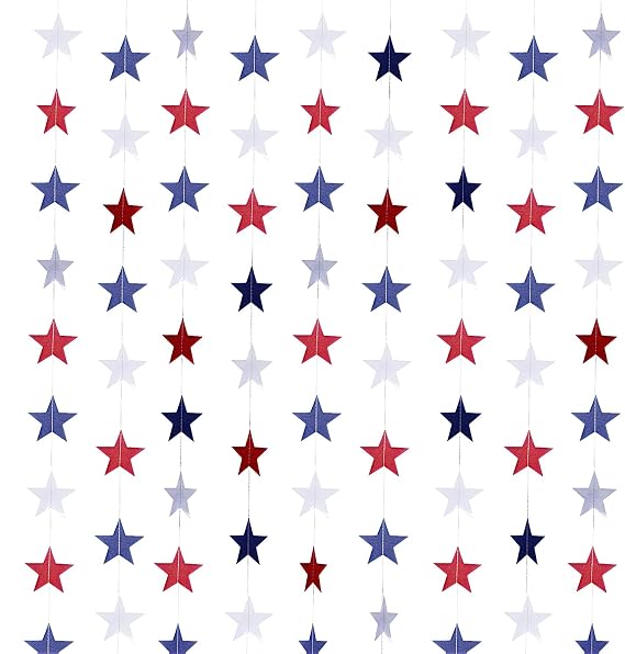 XIANMU 8 Strands Star Streamers Paper Garland Patriotic Decorations Red White Blue Hanging Stars Banner for 4th of July Memorial Day Independence Day Veterans Day Party Decor