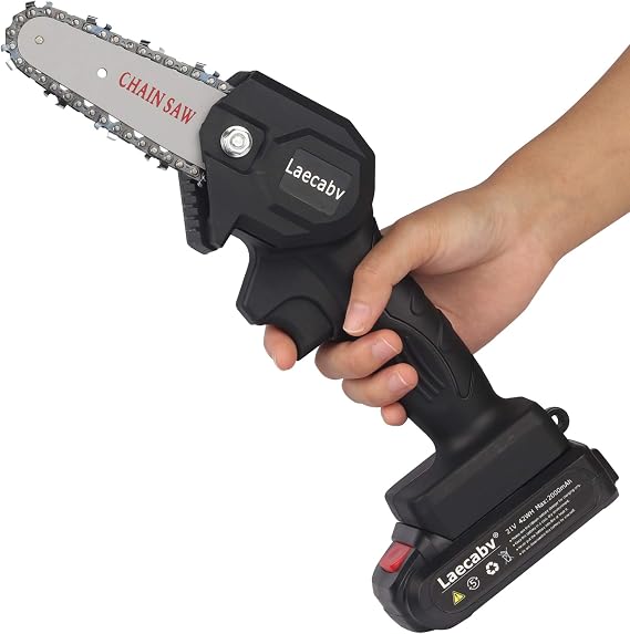 Laecabv Mini Chainsaw 4-Inch Cordless Electric Chain Saw, Portable One-Hand 0.7kg, Battery-Powered Pruning Shears Chainsaw for Tree Branch Wood Cutting (1 Battery, Black)
