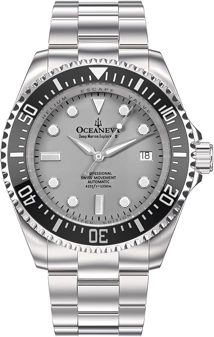OceanevaTM Men's Deep Marine Explorer II 1250M Pro Diver Watch Gray - Swiss Made Sellita SW200-1 Automatic Movement Stainless Steel Bracelet