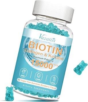 Biotin with Collagen Gummies, Hair Skin and Nails Vitamins Gummies for Hair Growth, Glowing Skin & Strong Nails - Blueberry Flavor, Sugar Free, 60 Count