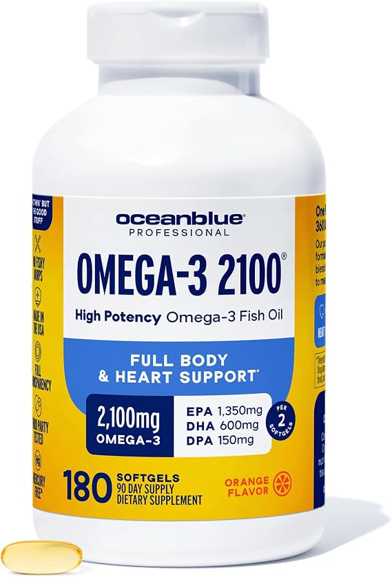 Oceanblue Professional Omega-3 2100 180 ct Triple Strength Burpless Fish Oil Supplement with High-Potency EPA, DHA, DPA Wild-Caught Orange Flavor (90 Servings)