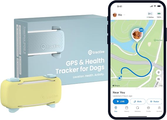 Tractive GPS Dog Tracker (2025 Release) Real-time Pet Location Tracker | Health & Wellness Alerts | Virtual Fence for Dogs | Bark Monitoring (Mint w/Yellow Cover)