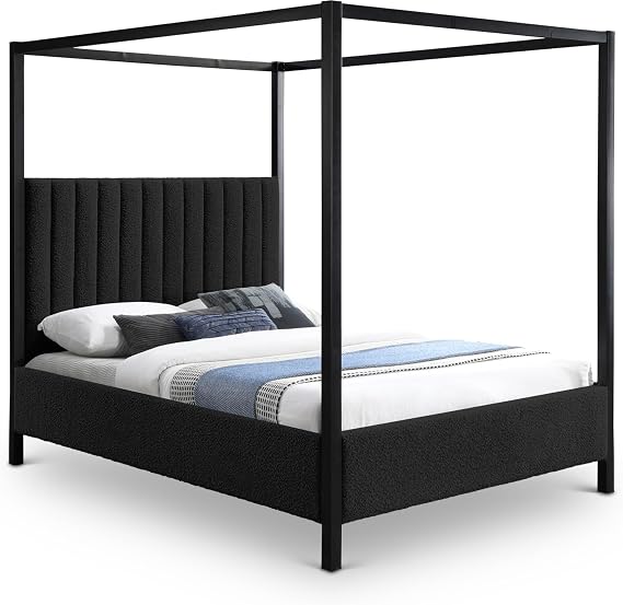 Meridian Furniture KellyBlack-K Kelly Collection Modern | Contemporary King Bed with Rich Black Boucle Fabric, Matte Black Iron Metal Frame Canopy, 78.5" W x 84.5" D x 77" H, Black, King
