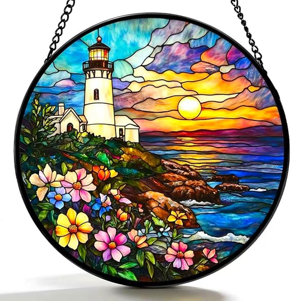 Stained Glass Window Hanging - Sea Sunrise, Lighthouse and Flowers Suncatcher fof Garden Home Decor for Women Mon Grandma Friends