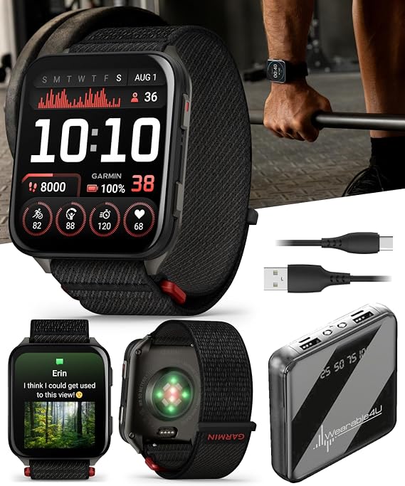 Garmin Venu X1 Thin and Lightweight GPS Smartwatch, AMOLED Display, Black with Slate Titanium Comfort Fit Nylon Band Power Bank Bundle