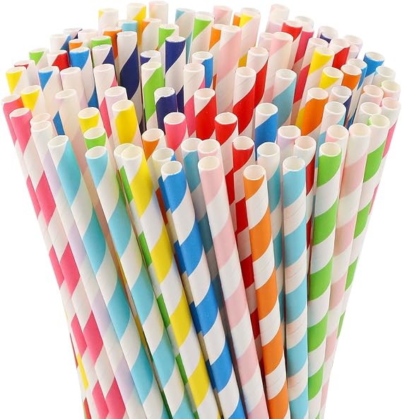 100 Pcs Biodegradable Paper Straws, Assorted Rainbow Colors Striped, 10 Colors for Drinks, Parties, Crafts