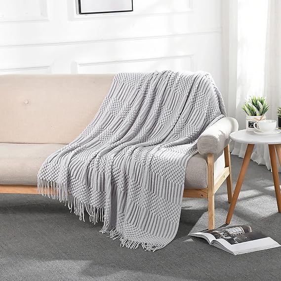 LumiSyne Knitted Throw Blanket with Tassels Solid Color Bubble Pattern Soft Warm Cozy Light Weight Couch Cover Bedspread Decorative Blanket for Sofa Bed Couch Settee 230x130cm