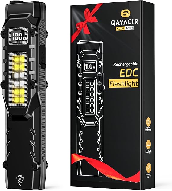 EDC Tactical Flashlight, 1100 High Lumens Rechargeable LED Flat Flashlight w/ Clip & Digital Display, Pocket Flashlight for Home Camping Emergency, Gifts for Men Dad Him Husband, Stocking Stuffers
