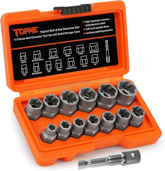 Bolt Extractor Kit,14 Piece Impact-Grade CR-MO Steel Nut Remover Set | 3/8" Drive Socket for Removing Frozen, Rusted, Rounded Bolts & Lug Nuts (Sizes 8-19mm)