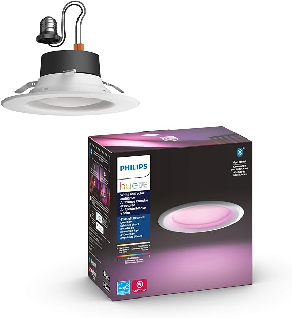Philips Hue White and Color Ambiance Smart Retrofit Recessed Downlight 4", Bluetooth & Zigbee Compatible (Hue Hub Optional), Smart Ceiling Lighting, 1-Pack