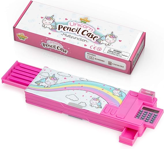IPIDIPI TOYS Unicorn Pop Up Pencil Case for Girls Multifunctional Stationery Box with Calculator, Sharpener, Drawer & Pencils for Kids - Pencil Holder - Pink