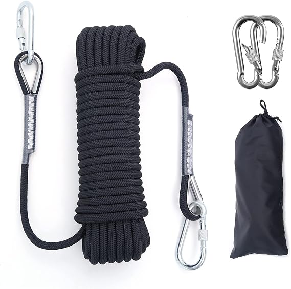 10mm/12mm (32FT/64FT) Climbing Rope, Outdoor Static Rock Climbing Rope, Tree Climbing Rappelling Rope, Escape Nylon Rope, Ice Climbing Equipment Fire Rescue Parachute Rope with 2 Steel Hooks
