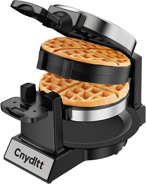Cnydltt Double Waffle Maker - 1400W Rotating Belgian Waffle Iron, Cooks 2 at Once (8 Slices), 180 Flip Nonstick Plates, Smart Temp Control, Removable Drip Tray, Locking Lid, Stainless, Black
