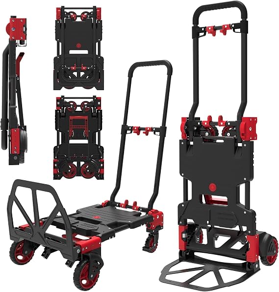 2-in-1 Folding Hand Truck Dolly 330LB Load Carrying,Hand Truck Foldable Dolly with Retractable Handle and 4 Rubber Wheels,Portable Folding Hand Cart for Shopping,Moving,Office