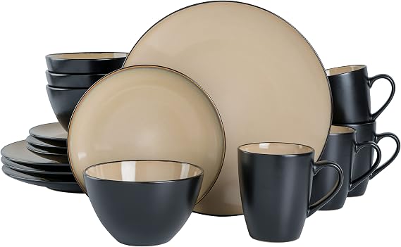 Gibson Elite Soho Lounge 16-Piece Round Reactive Glaze Stoneware Dinnerware Set, Service for 4 Taupe Plates and Bowls