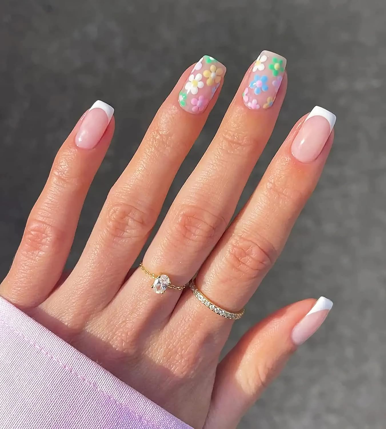 White Square French Tip Press-on False Nails, 24 Pieces 12 Sizes, Glossy Acrylic ABS Material, Flowers Design, Daisy, Full Cover, 1 Set