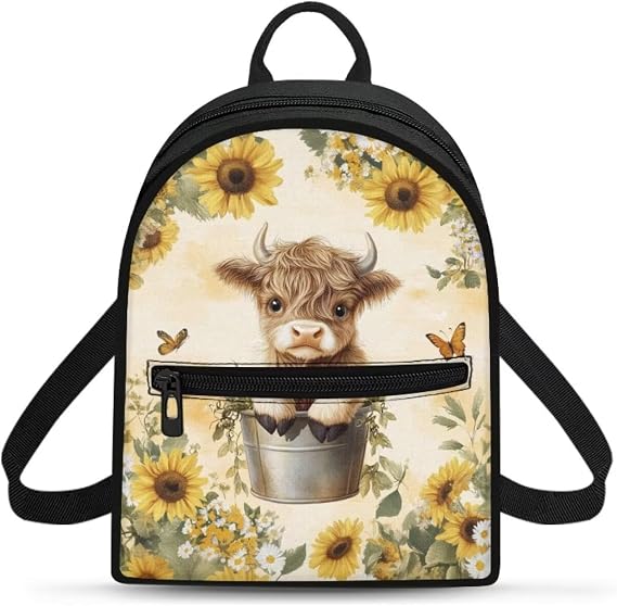 Highland Cow Backpack Purse for Women Travel Small Mini Backpack for Women Casual Sunflower Purse Handbag with Handles Lightweight Shoulder Bag for Hiking Sporty Valentine Day for Her