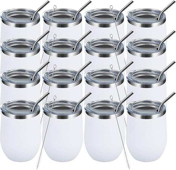 MEWAY 12oz Wine Tumbler 16 Pack Bulk Gifts for Women,Double Wall Vacuum Stainless Steel Travel Mug with Lid,Insulated Stemless Wine Cup Glass for Coffee,Cocktails,Drinks(White,Set of 16)