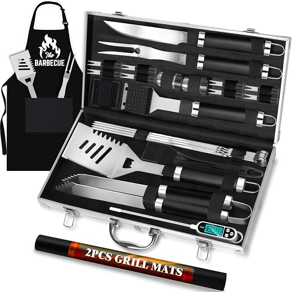ROMANTICIST 26pcs Grilling Gifts for Men, Dad Gifts for Father's Day, Stainless Steel BBQ Grill Accessories Tools Set, Heavy Duty BBQ Utensils Kit with Apron, Thermometer, Mats in Aluminum Case Black
