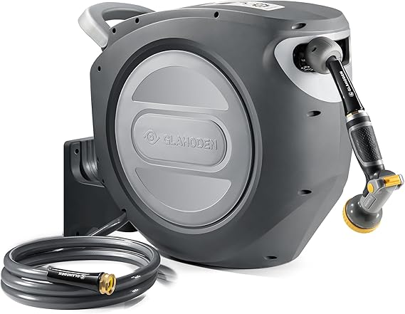GLAHODEN Retractable Garden Hose Reel 1/2 in x 100 ft Upgraded UV Resistant Heavy Duty Automatic Hose Reel Wall Mount 3/4 in Brass Fitting 9 Pattern Nozzle Any Length Lock Slow Retraction 180 Swivel
