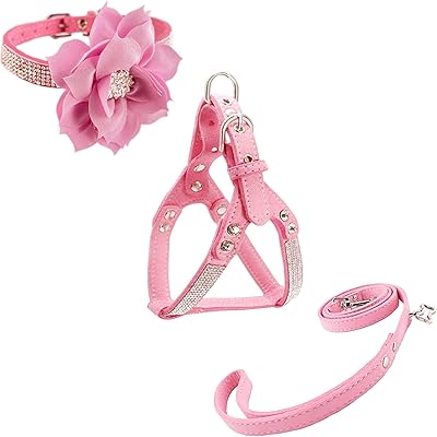 Flower Dog Collar & Harness & Lead Sets Comfortable Soft Puppy Collar Diamante with Harness and Leashes Set for Dog - Pink - XS