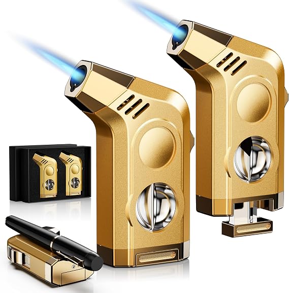 2-Pack Torch Lighters, Torch Lighter with Powerful Jet Flame, Holder, Sharp Tool, Windproof Lighters with Gift Box, Multifunctional Accessories, Refillable Butane Lighter, Lighters for Men, Travel