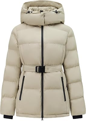 Womens Winter Warm Puffer Jackets Slim Fit Water-Resistant Detachable Hooded with Belt
