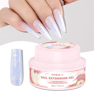 NXJ INFILILA Glitter Poly Nail Gel, Baby Blue Colors Poly Extension Gel Nail Enhancement, Thickening Glossy Builder Home DIY Salon Use for Girls UVLED Nail Lamp Required P07