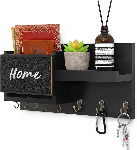 Decorative Key Hanging Rack with 8 Hooks Easy Install Natural Wooden Key and Mail Holder for Wall Mount Sunglasses Wallet Holder Entryway Decor with Shelf and Chalkboard (Coal Black)