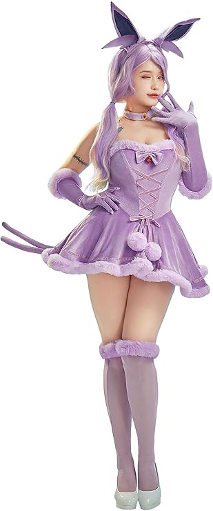 Mobbunny Women Anime Derivative Mini Dress Cosplay Costume Purple Babydoll Fluffy Dress with Headband and Tail