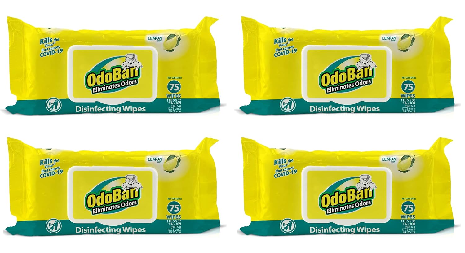 OdoBan Disinfectant and Odor Eliminating Wipes, Air Freshener, 4 Pack, 75 Wipes per Package, Lemon Scent