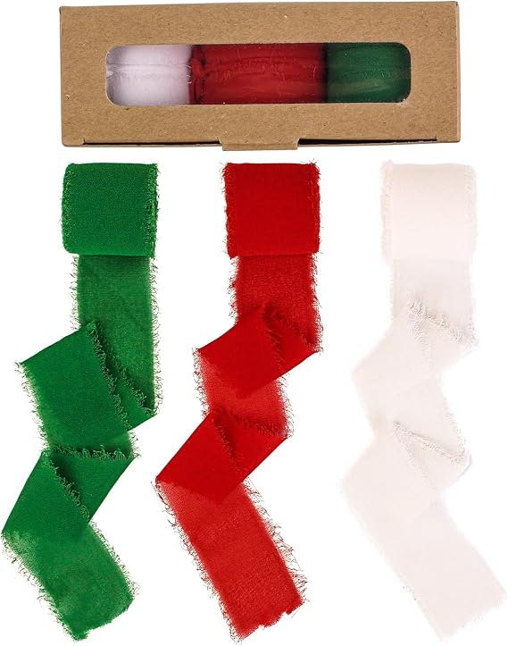 3 Rolls Christmas Chiffon Ribbon 1.5" X 7yd, Handmade Fringe Chiffon Silk Ribbon Red Green White Ribbons Set for Gifts Wrapping, Wedding Invitations, Bridal Bouquets, DIY Crafts, Christmas