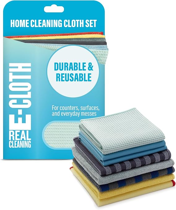 E-Cloth Home Cleaning Set, Premium Microfiber Cleaning Cloth, Household Cleaning Tools & Supplies for Dusting, Bathroom, Kitchen & Cars, Washable & Reusable, 100 Wash Guarantee, 8 Piece Set