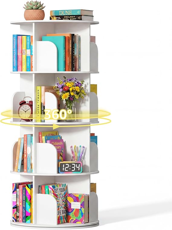 DUMOS 4 Tier Rotating Bookshelf Tower, Spinning Bookshelf for Small Space