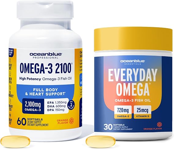 Oceanblue Omega-3 Bundle 2100 Triple Strength 180ct + Essentials Everyday Omega Minis 60ct High-Potency EPA, DHA, DPA with Vitamin D3 Orange Flavor Heart, Brain & Immune Support - 2 Pack