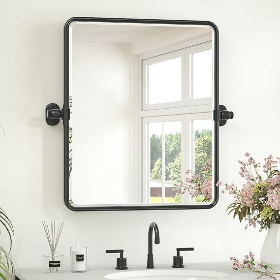Keonjinn 20x24 Inch Black Povit Mirror for Bathroom, Tilt Mirror | Tenmpered Glass, Rectangle, Adjustable Bathroom Mirrors for Over Sink, Farmhouse, Metal Framed, Horizontal/Vertical