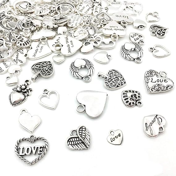 WOCRAFT 100 pcs Mix Antique Silver Heart Beads Charms for Jewelry Making Valentine's Day Wedding Heart Charms (M602-Charms)