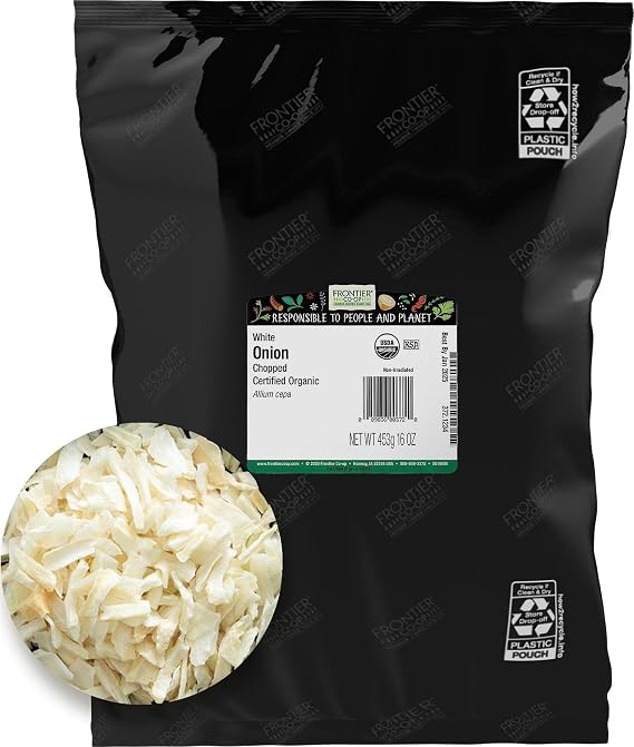 Frontier Organic Chopped Onion, 1 Pound, Dried & Chopped Sweet Organic White Onion, Kosher, Sustainably Grown | For Restaurant Supply, Soups, Stews, Pasta and More