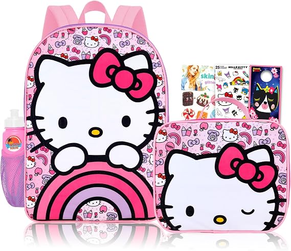 Hello Kitty Backpack with Lunch Bag 5 Pc Set of 16" School Bag, Tattoos, More