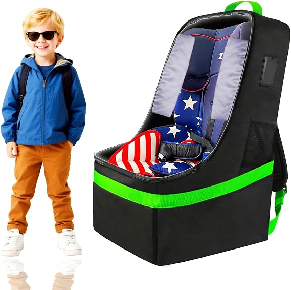 Padded Car Seat Bags For Air Travel - Carseat Travel Bag For Airplane - gate check Car Seats Carrier Cart Cover For Airport With Shoulder Straps (green)