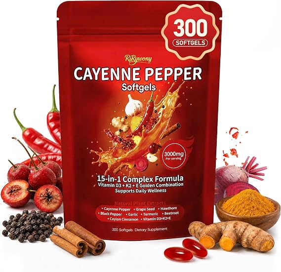 Cayenne Pepper Capsules, 15-in-1 Cayenne Pepper Supplements with Vitamin D3, K2, E & Grape Seed Oil, Supports Leg Vein, Heart and Blood Vessel Health, Daily Herbal Capsaicin Supplements, 300 Softgels