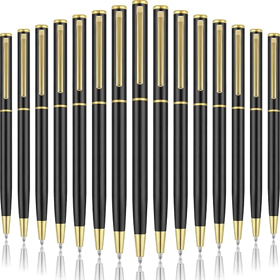 Zonon 15 Pieces Black Gold Metal Slim Ballpoint Pens Bulk, 1mm Black Ink
