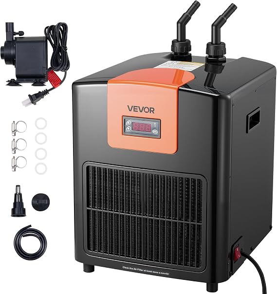 VEVOR Aquarium Chiller 110 Gallon, 1/3 HP Water Chiller for Hydroponics, Fast Cooling for Fish Tank,Axolotl,Coral Reef,Quiet Refrigeration Compressor, Titanium Evaporator,Complete Fittings | Fast Cooling for Fish Tanks, Axolotls, Coral Reefs, Quiet Refrigeration Compressor, Titanium Evaporator, Complete Fittings