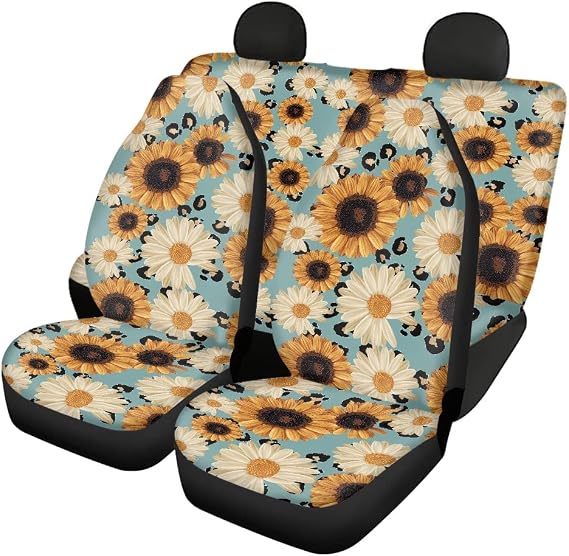Luxury Sunflower & Daisy Designs Car Seat Cover Front and Rear Bench Seat Cover Pack of 4,Full Set fit for Car SUV Van Sedan